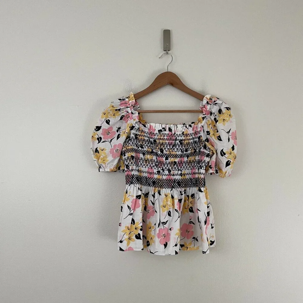 Kate Spade Lily Blooms Floral Puff Sleeve Smocked Top Size Small